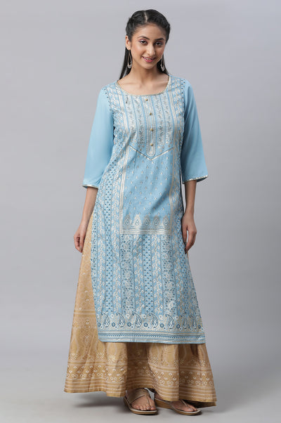 Blue Festive LIVA kurta, Skirt & Dupatta Set