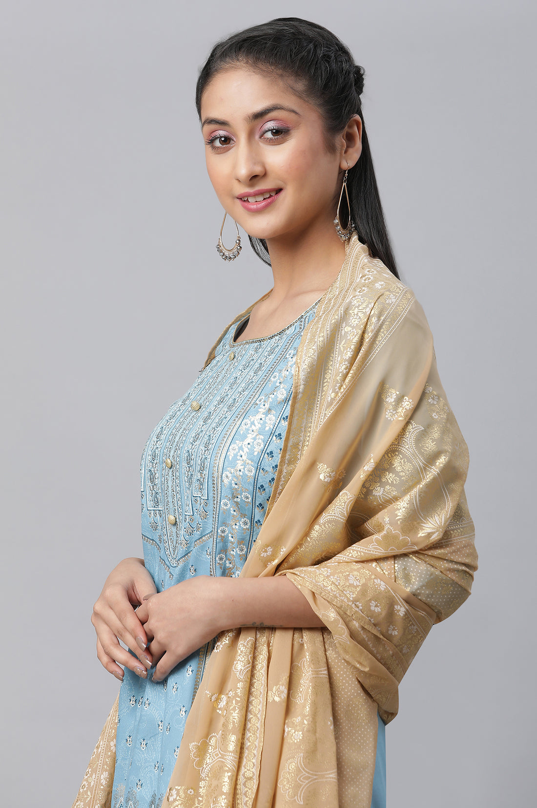 Blue Festive LIVA kurta, Skirt &amp; Dupatta Set