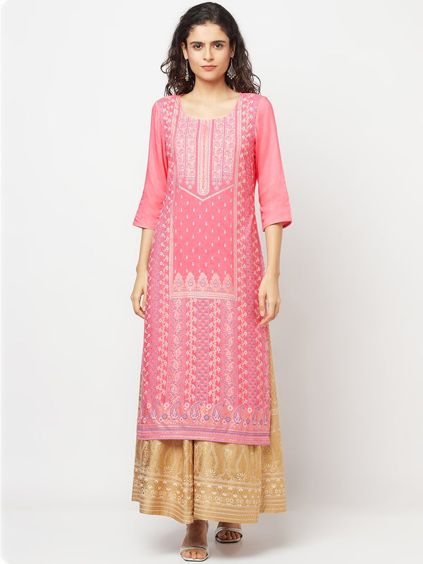 Pink Festive LIVA kurta & Skirt Set