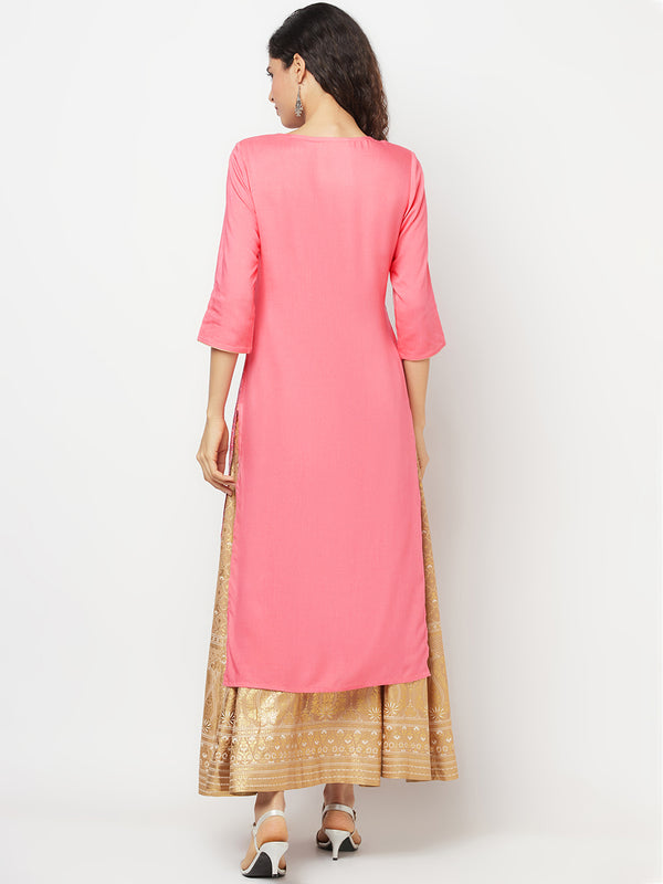 Pink Festive LIVA kurta & Skirt Set