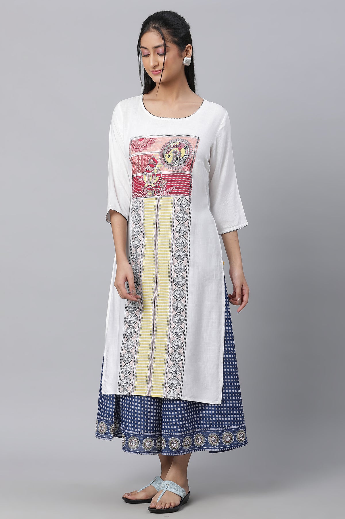 White Printed Kurta, Culottes & Dupatta Set - XS