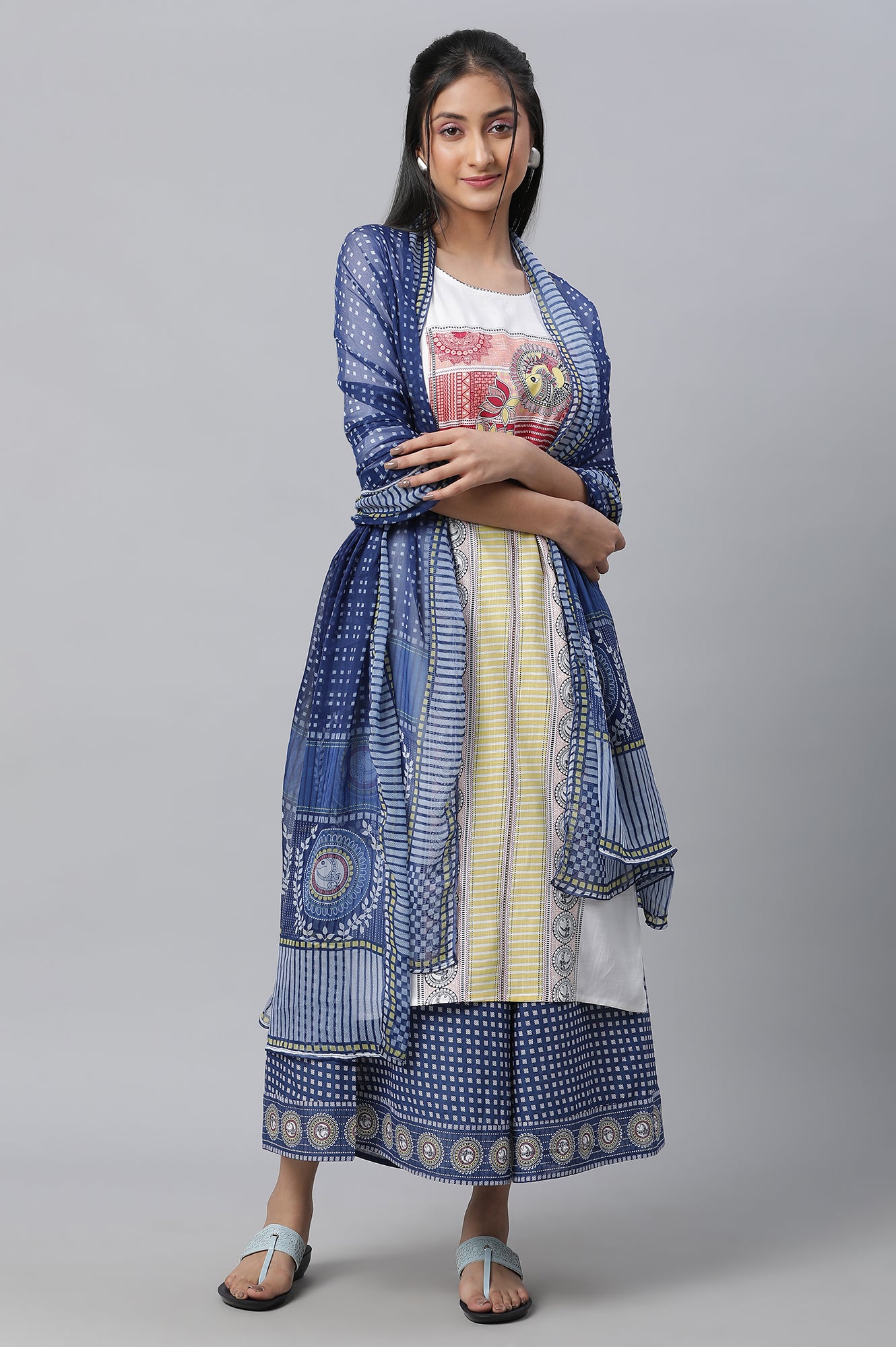 White Printed Kurta, Culottes &amp; Dupatta Set