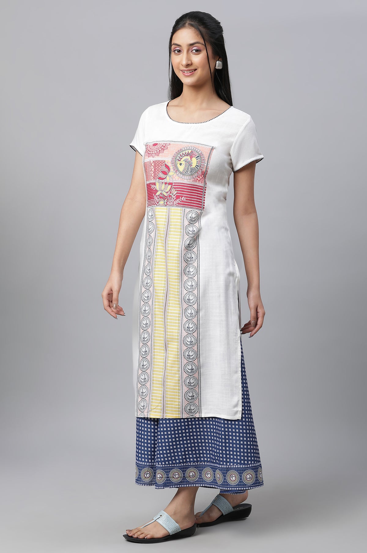White Printed Kurta, Culottes & Dupatta Set - XS