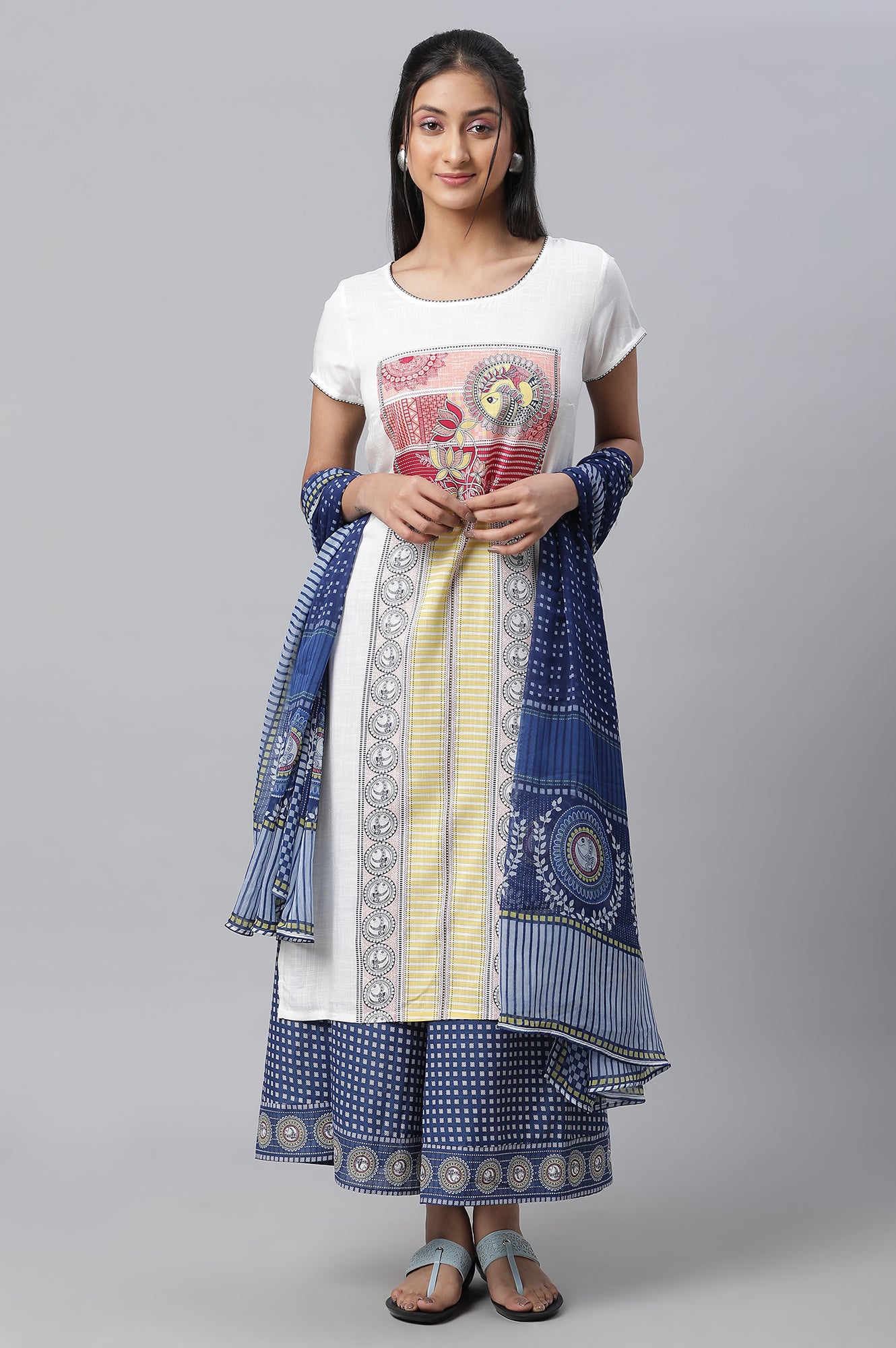 White Printed Kurta, Culottes &amp; Dupatta Set