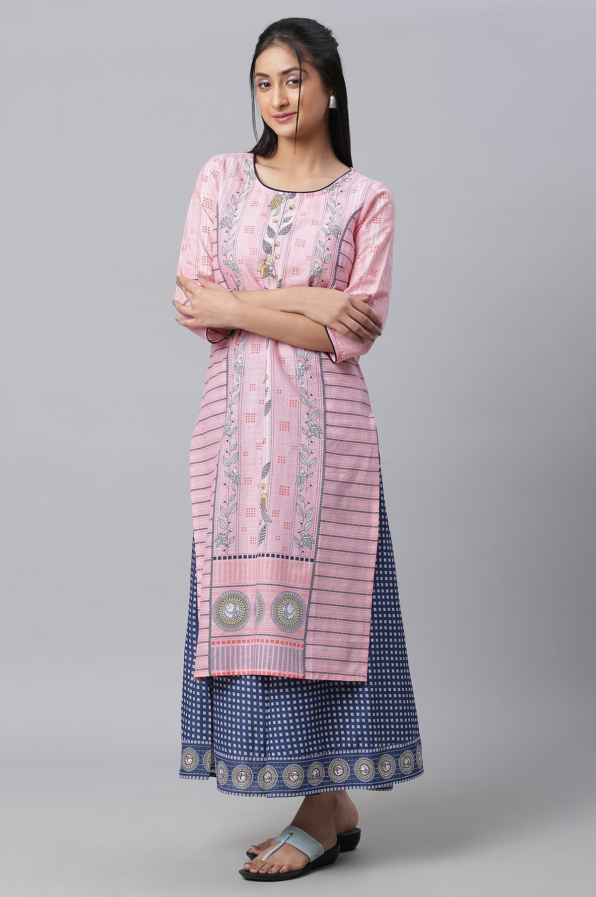 Pink Printed Kurta, Culottes & Dupatta Set - XS