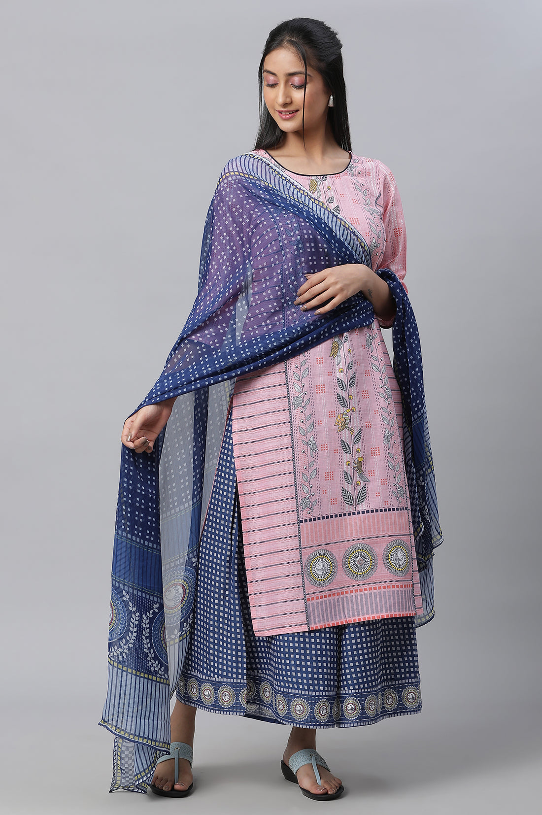 Pink Printed Kurta, Culottes &amp; Dupatta Set