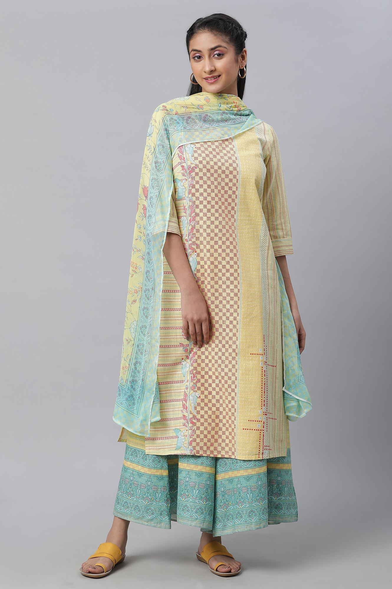 Yellow Printed Kurta, Culottes &amp; Dupatta Set