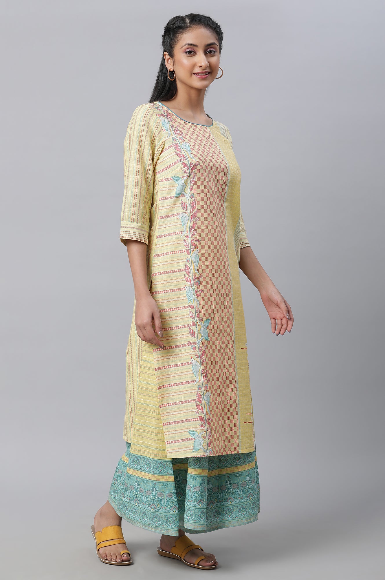 Yellow Printed Kurta, Culottes &amp; Dupatta Set