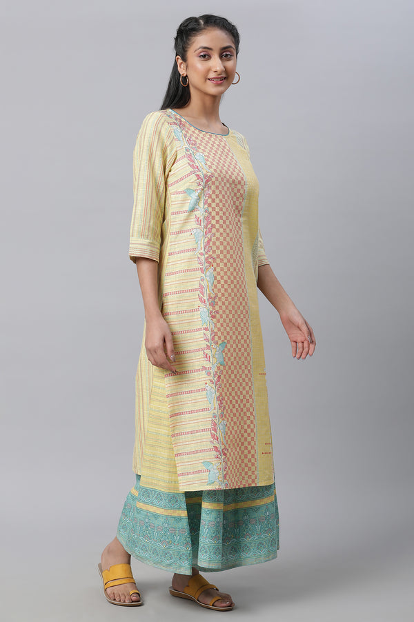 Yellow Printed Kurta, Culottes & Dupatta Set
