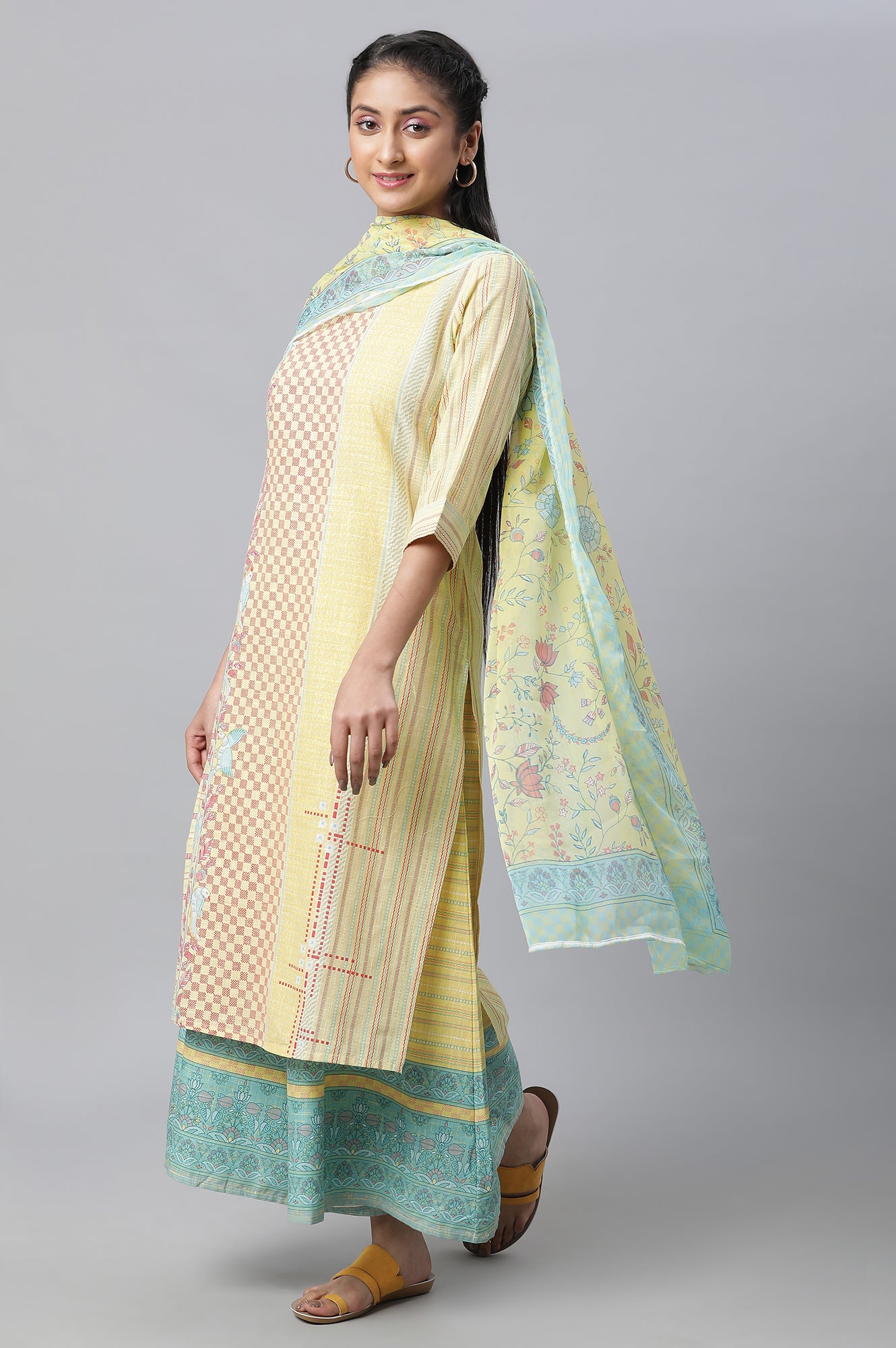 Yellow Printed Kurta, Culottes &amp; Dupatta Set