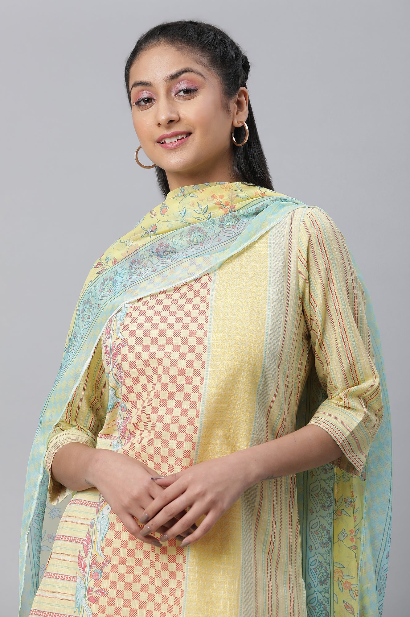 Yellow Printed Kurta, Culottes &amp; Dupatta Set