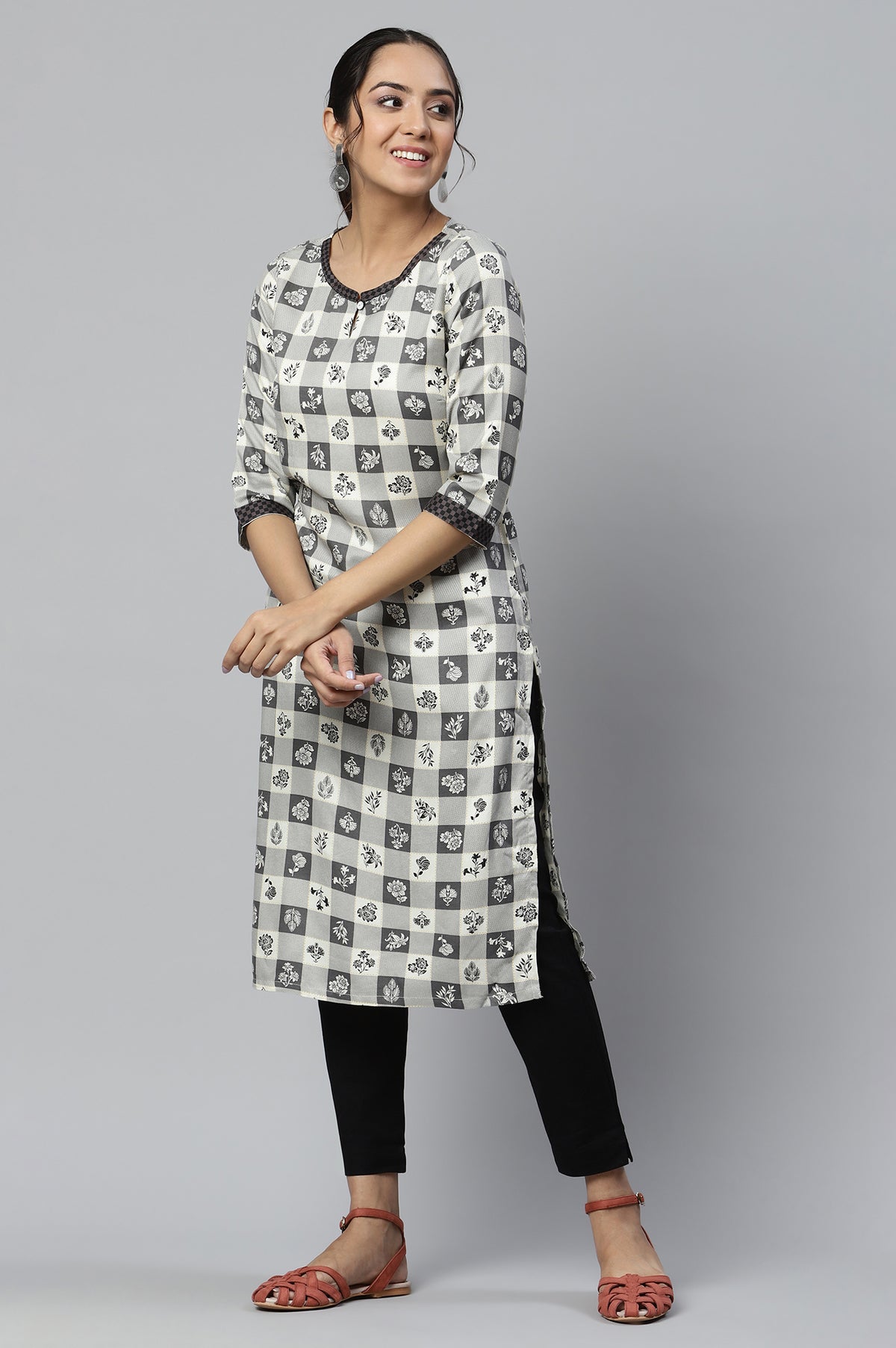 Grey Printed kurta & Trousers Set - S