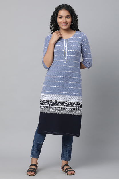 Blue Jacquard Knitted kurta &amp; Denim Jeggings Set