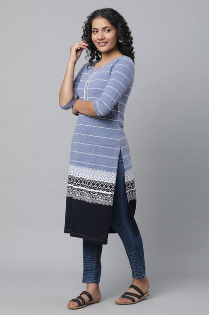 Blue Jacquard Knitted kurta &amp; Denim Jeggings Set