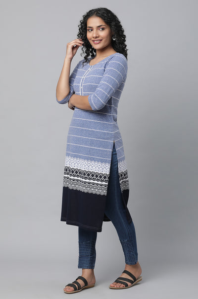 Blue Jacquard Knitted kurta & Denim Jeggings Set