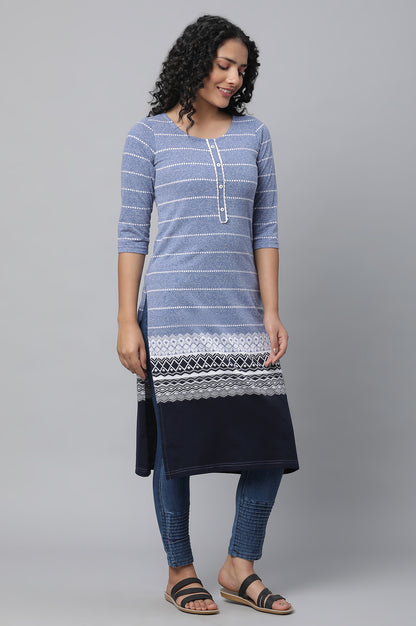 Blue Jacquard Knitted kurta &amp; Denim Jeggings Set