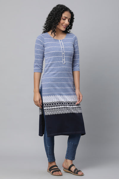 Blue Jacquard Knitted kurta & Denim Jeggings Set