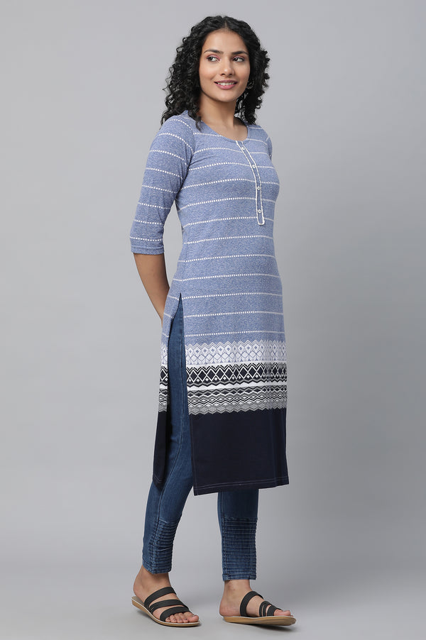 Blue Jacquard Knitted kurta & Denim Jeggings Set