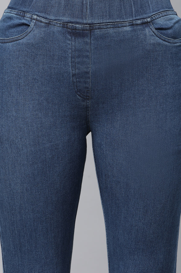 Blue Jacquard Knitted kurta & Denim Jeggings Set