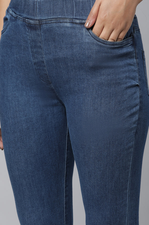 Blue Jacquard Knitted kurta & Denim Jeggings Set