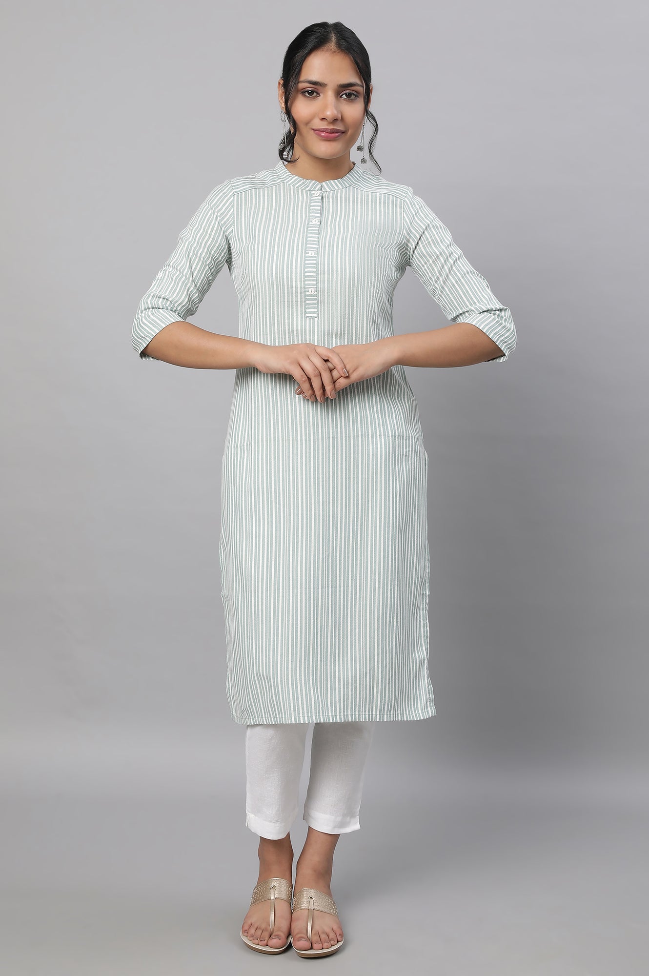 Green Stripe Print kurta &amp; Trousers Set