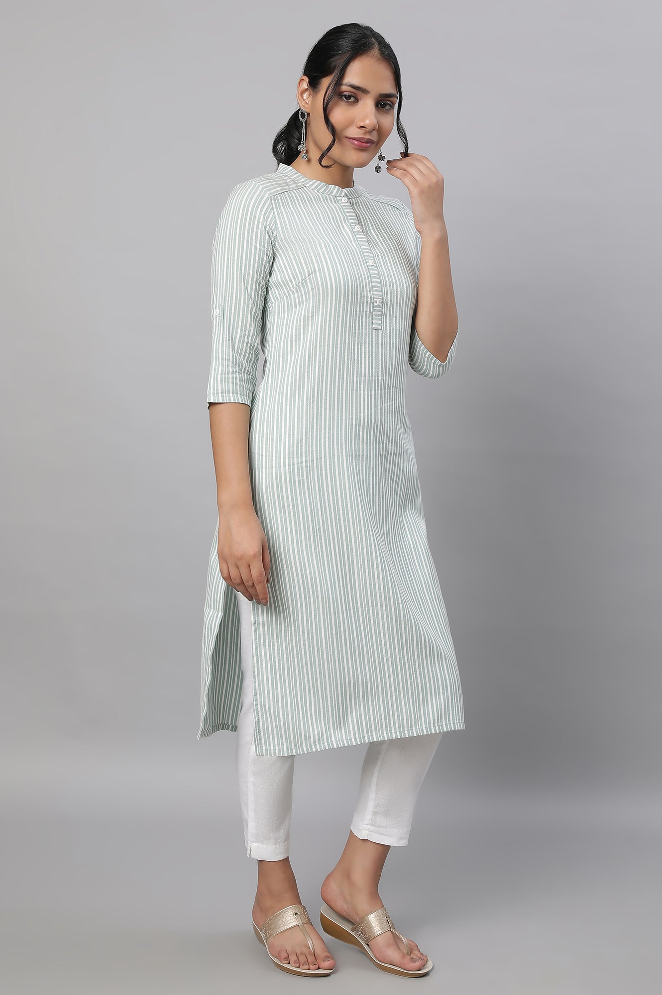 Green Stripe Print kurta &amp; Trousers Set