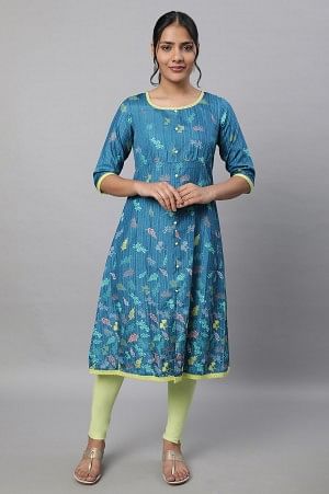 Blue Printed A line kurta &amp; Tights Set