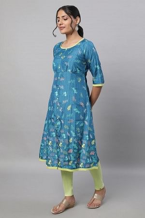 Blue Printed A line kurta &amp; Tights Set