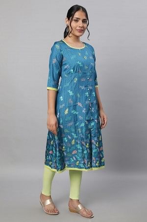 Blue Printed A line kurta &amp; Tights Set