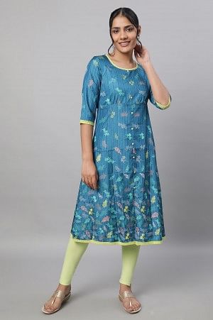 Blue Printed A line kurta &amp; Tights Set