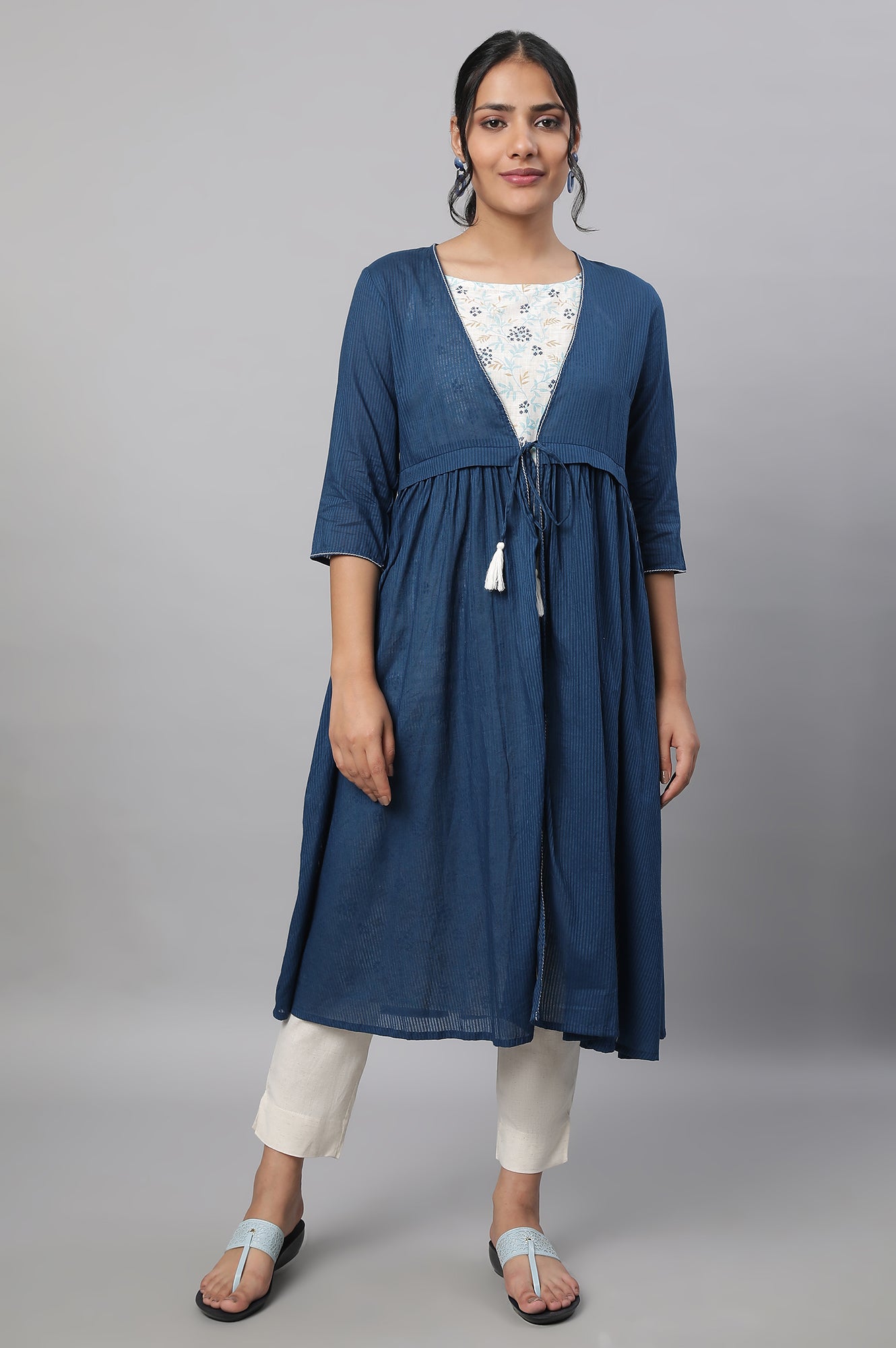 Blue Gathered Gillet, kurta &amp; Trousers Set