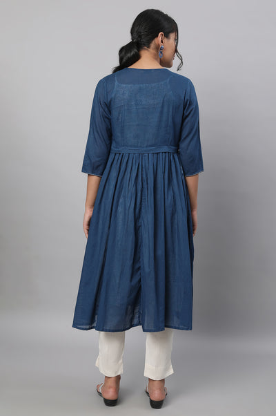 Blue Gathered Gillet, kurta & Trousers Set