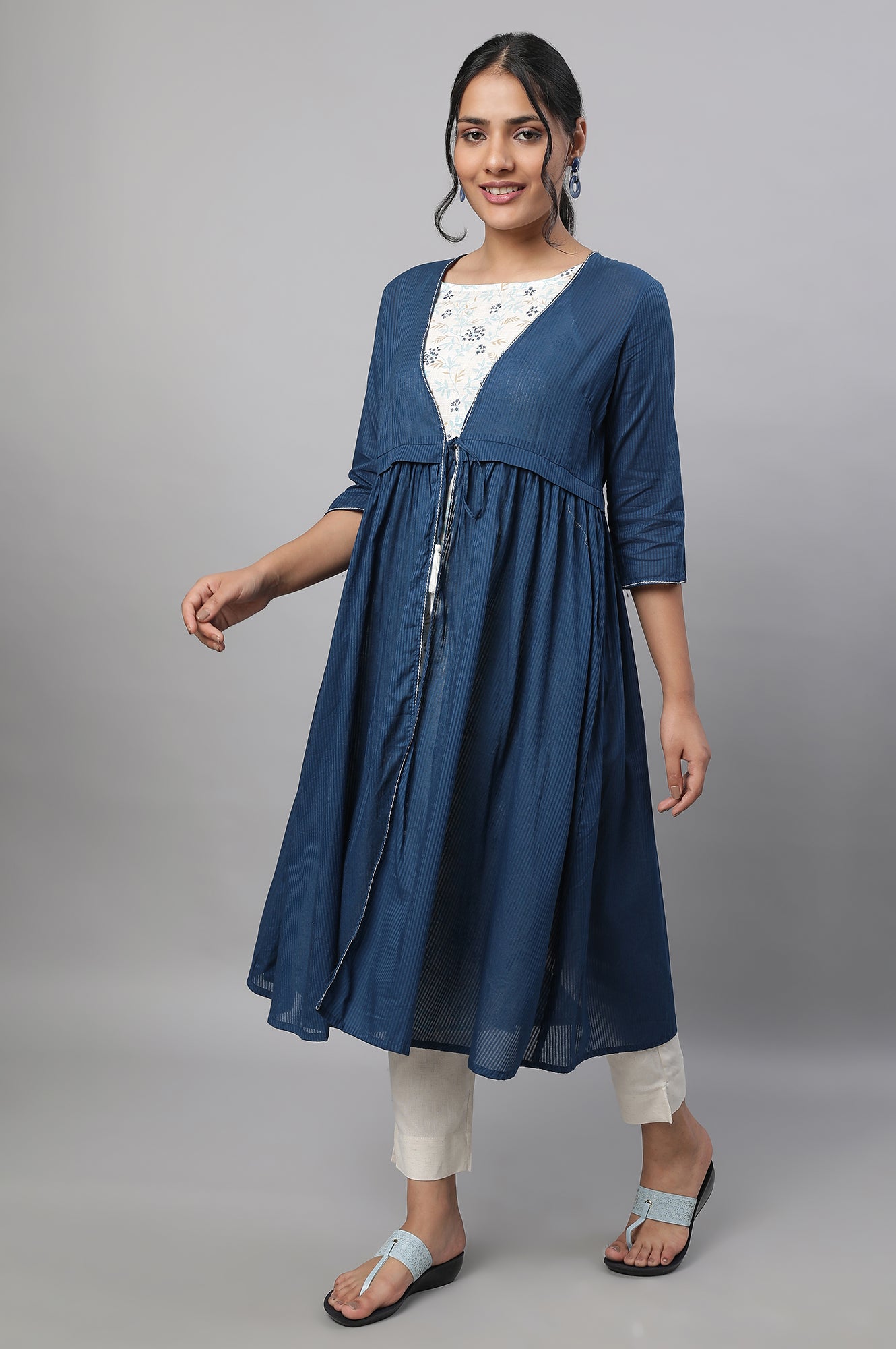 Blue Gathered Gillet, kurta &amp; Trousers Set