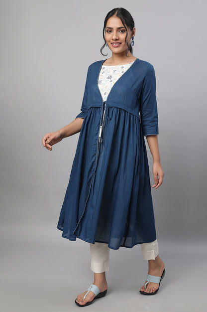 Blue Gathered Gillet, kurta &amp; Trousers Set