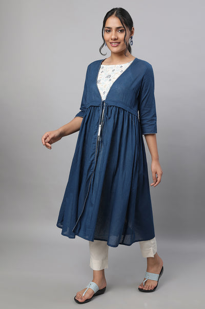 Blue Gathered Gillet, kurta & Trousers Set