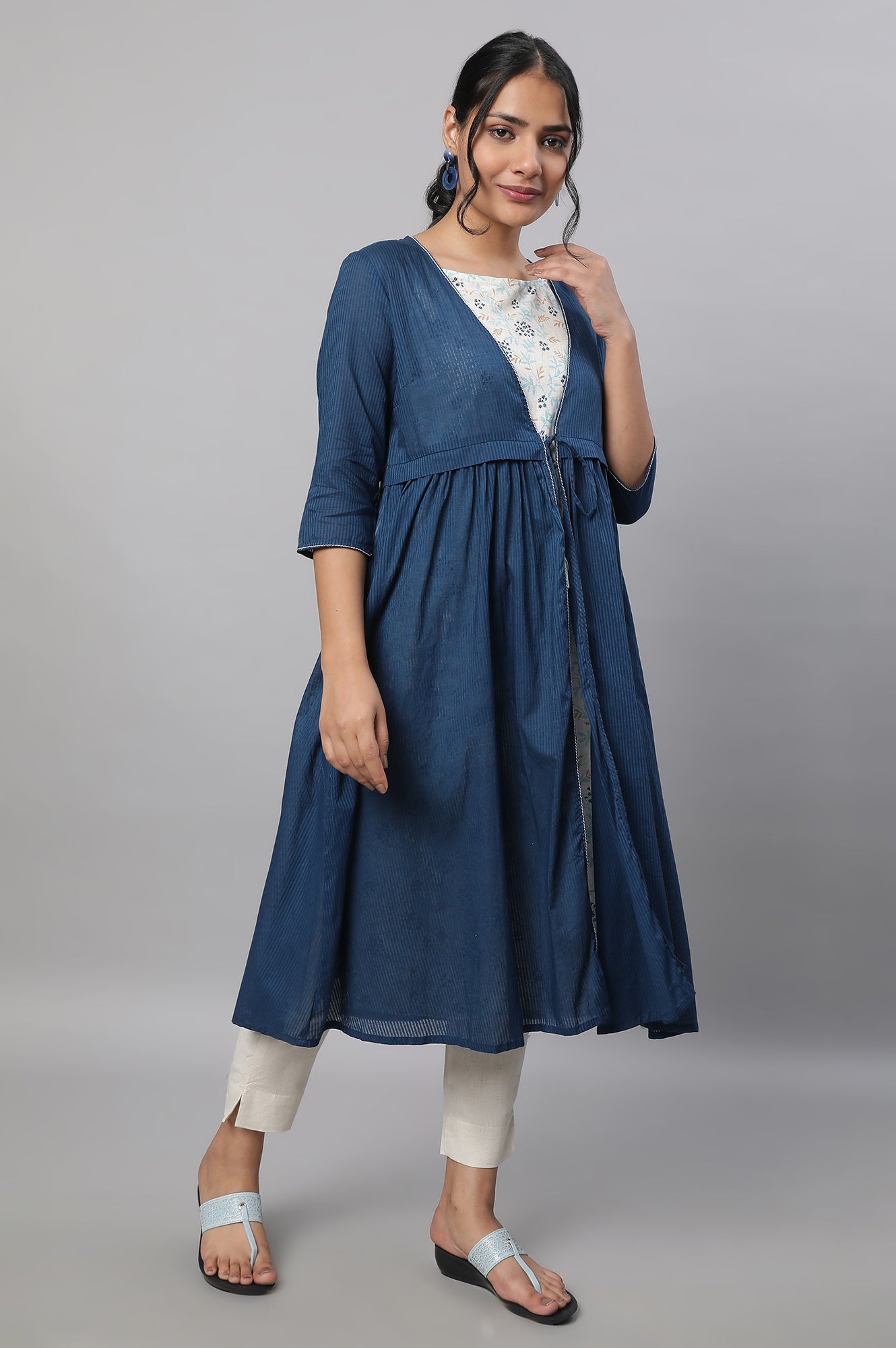 Blue Gathered Gillet, kurta &amp; Trousers Set