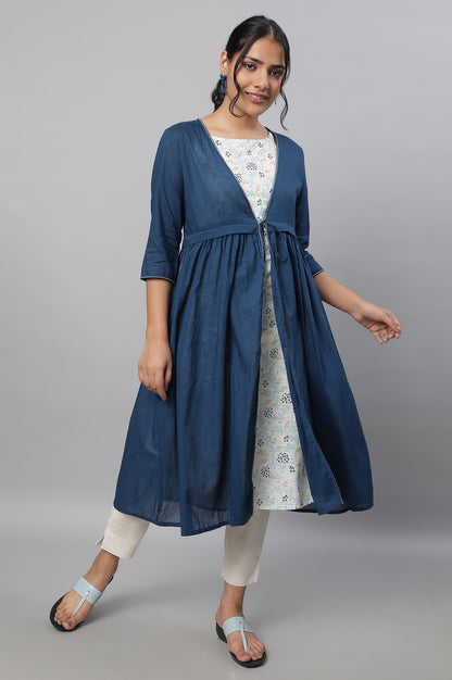 Blue Gathered Gillet, kurta &amp; Trousers Set