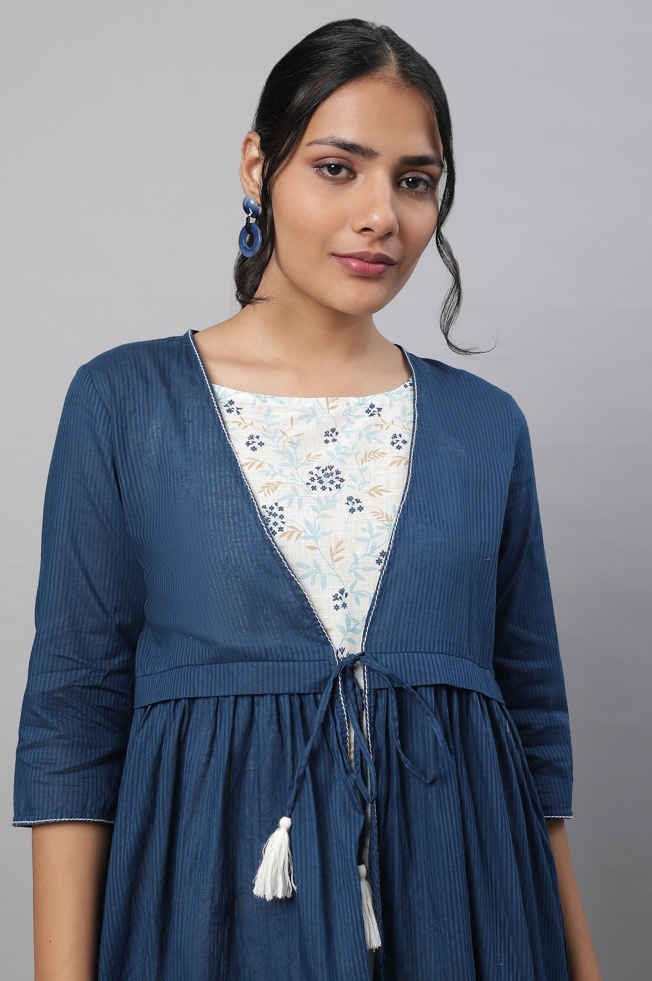 Blue Gathered Gillet, kurta &amp; Trousers Set