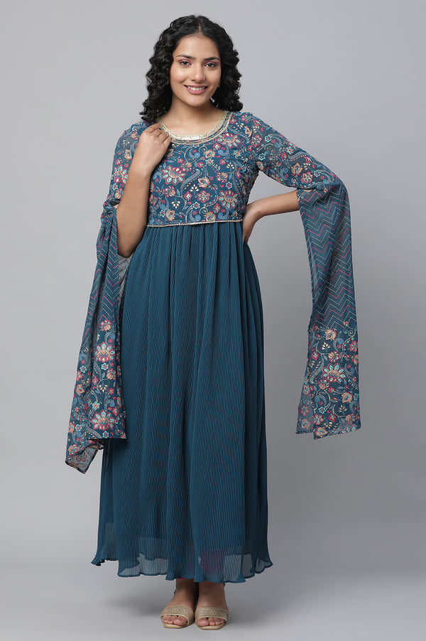Elleven Women's Blue Floral Printed Fairy kurta & Tights Set