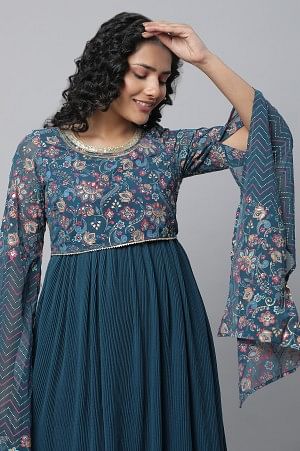 Blue Floral Printed Fairy kurta &amp; Tights Set