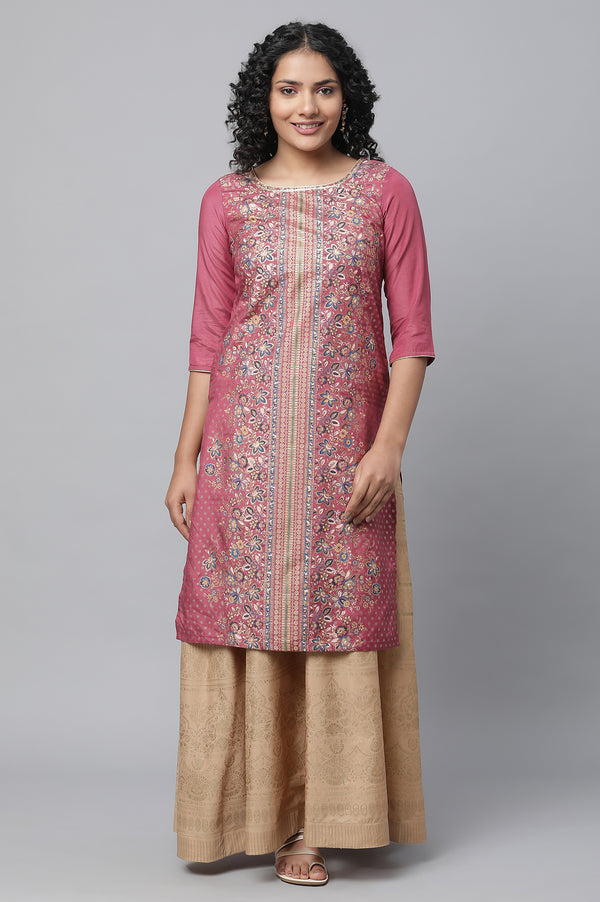 Elleven Women's Pink Foil Printed kurta & Skirt Set
