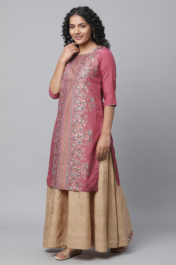 Elleven Women's Pink Foil Printed kurta & Skirt Set