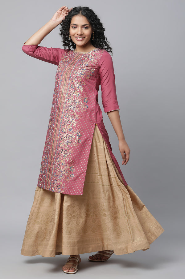 Elleven Women's Pink Foil Printed kurta & Skirt Set