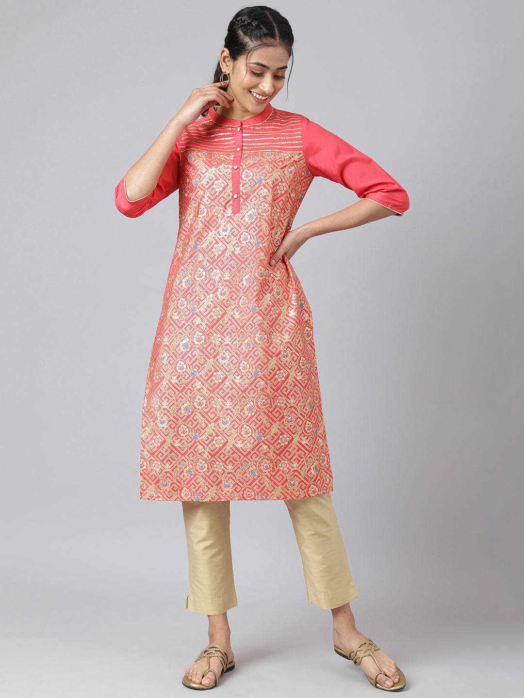 Peach Floral Printed kurta & Trousers Set - XS