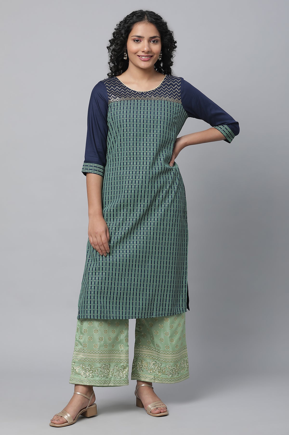 Elleven Women's Blue Printed Liva kurta & Straight Palazzo Set - S