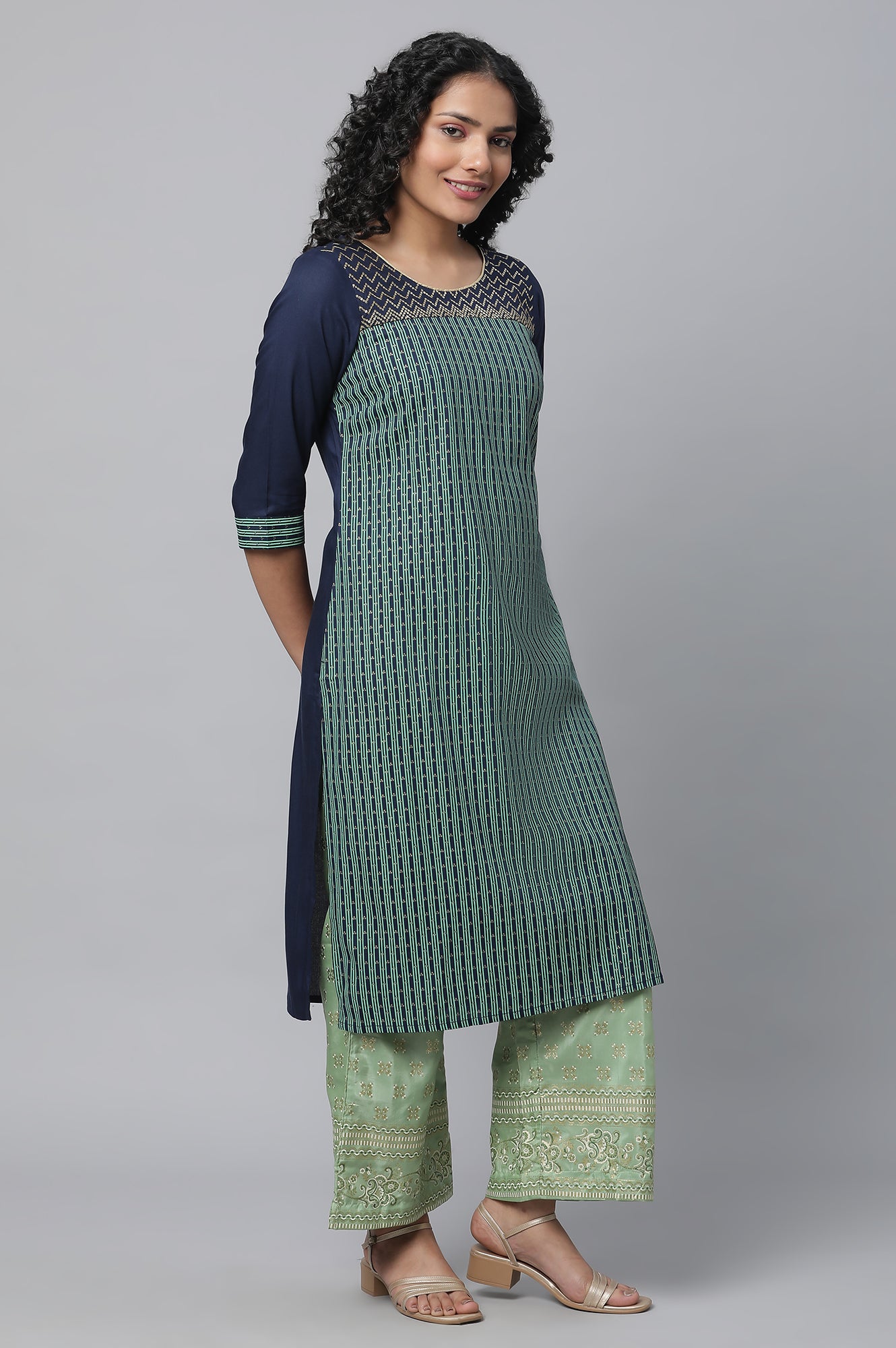 Blue Printed Liva kurta &amp; Straight Palazzo Set