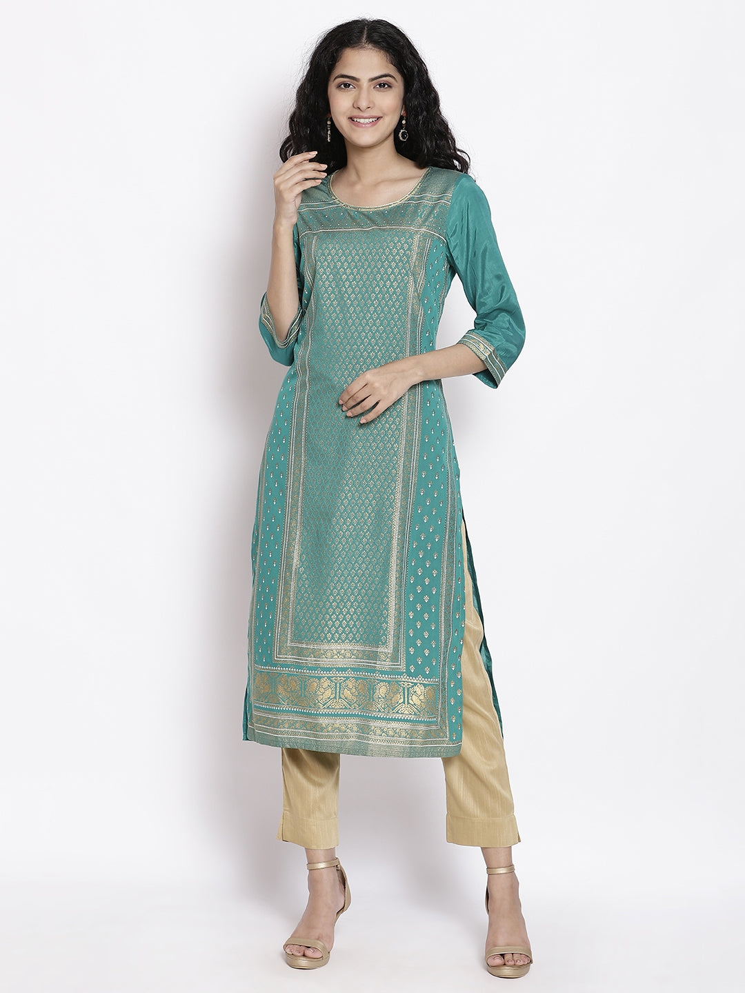 Green Floral Printed Kurta & Trousers Set - XS