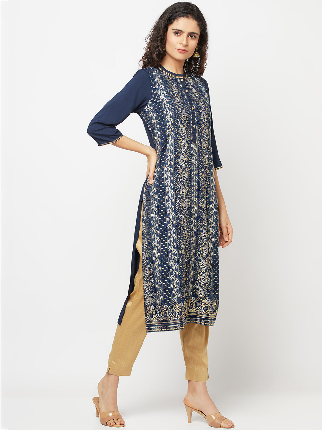 Blue Floral Printed LIVA kurta &amp; Trousers Set