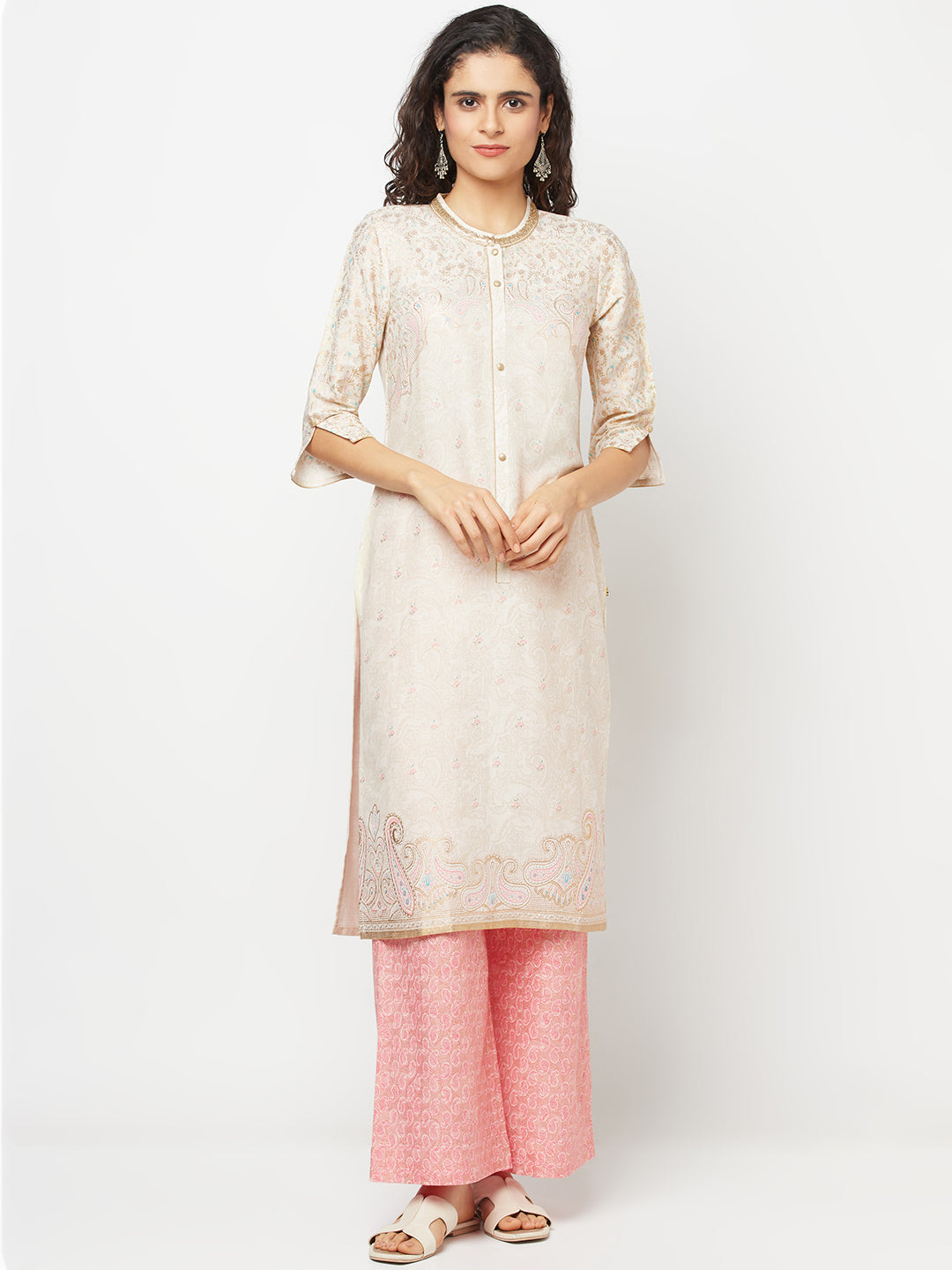 White Printed Kurta And Palazzo Set - XS