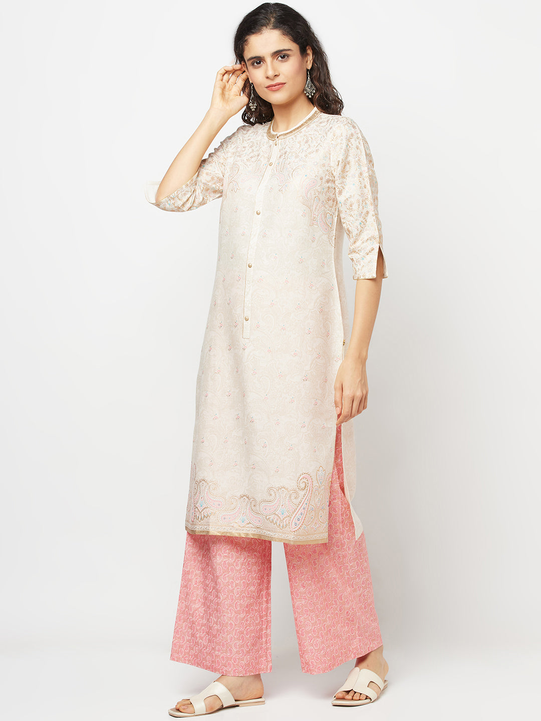 White Printed Kurta And Palazzo Set